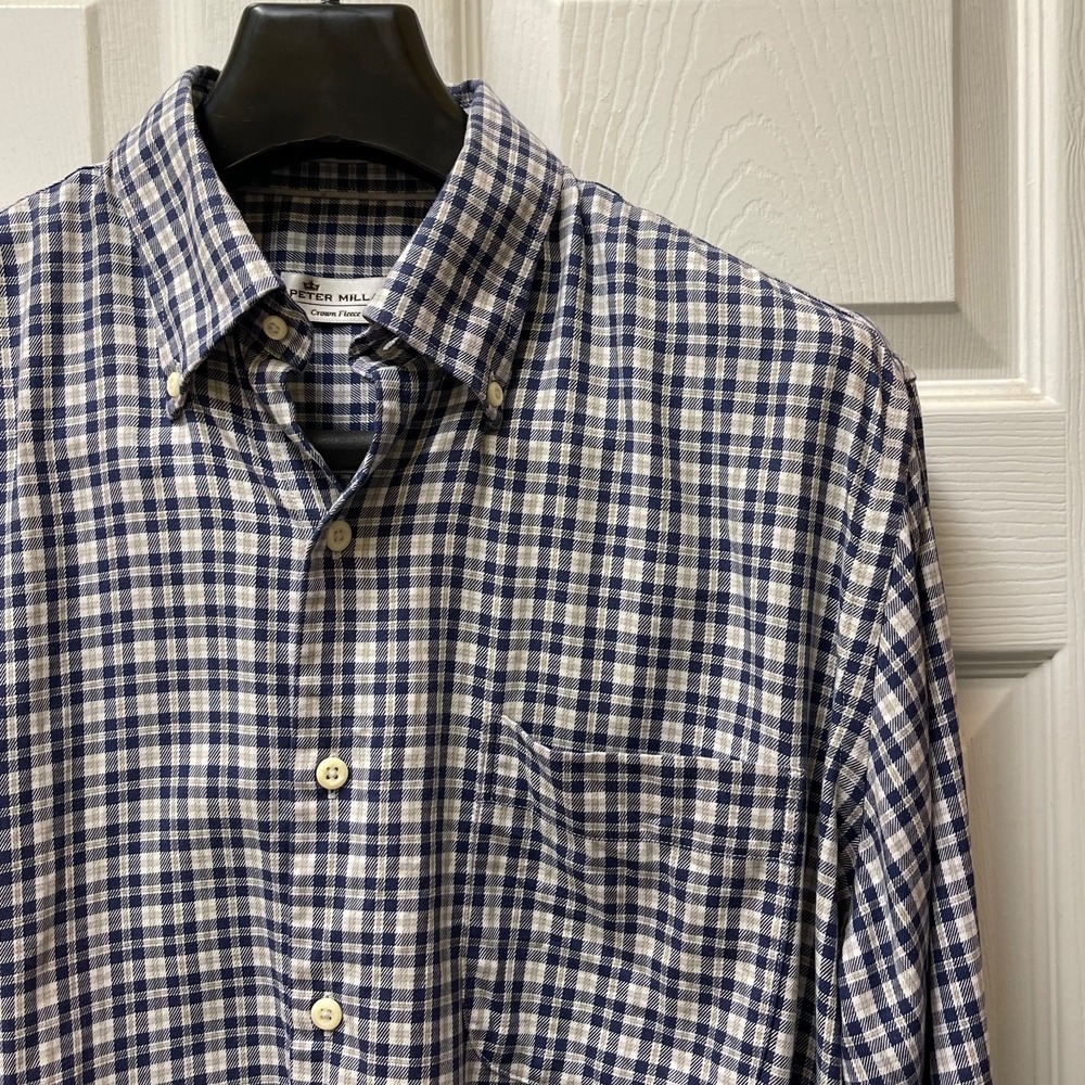 Peter Millar Men's Sz Medium Navy, Tan & White Plaid‎ Button Up Cashmere Blend